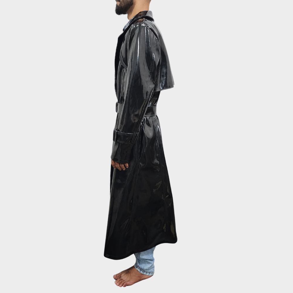 men wearing gothic faux leather long trench coat at gothic clothings.