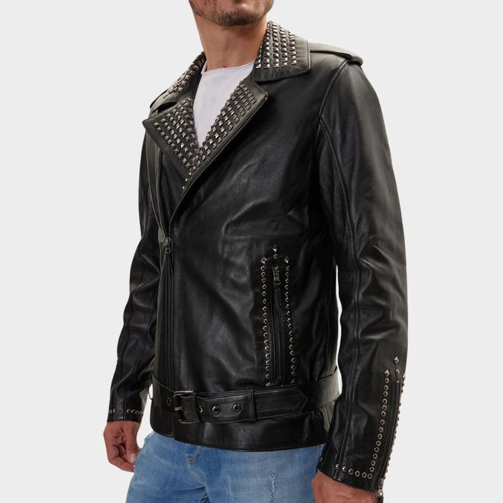 men wearing biker punk goth leather jacket at gothic clothings.
