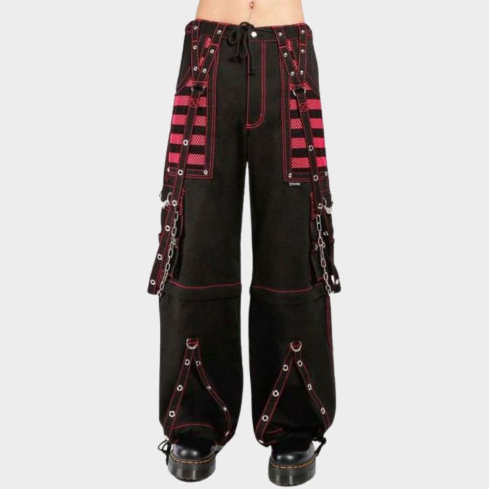 men wearing black and red tripp pants at gothic clothings.