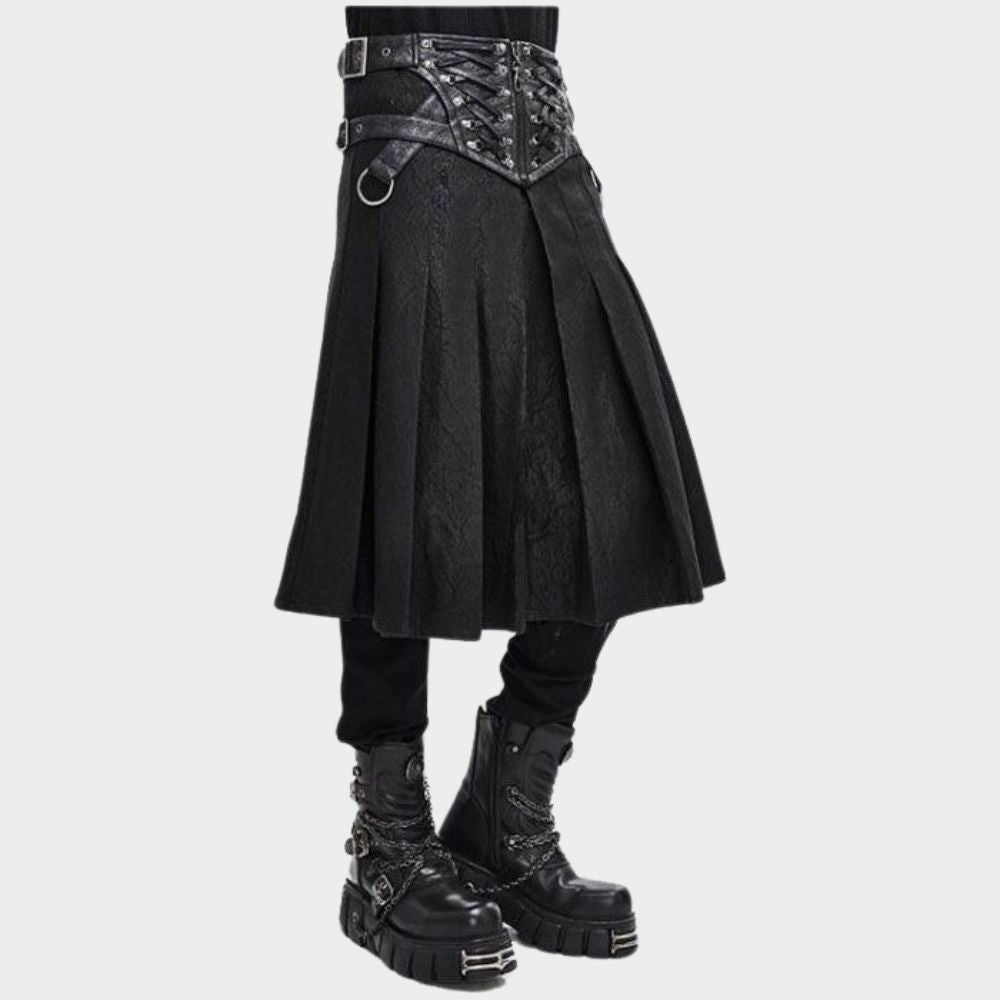Men wearing Black Leather Kilts on gothic clothings.