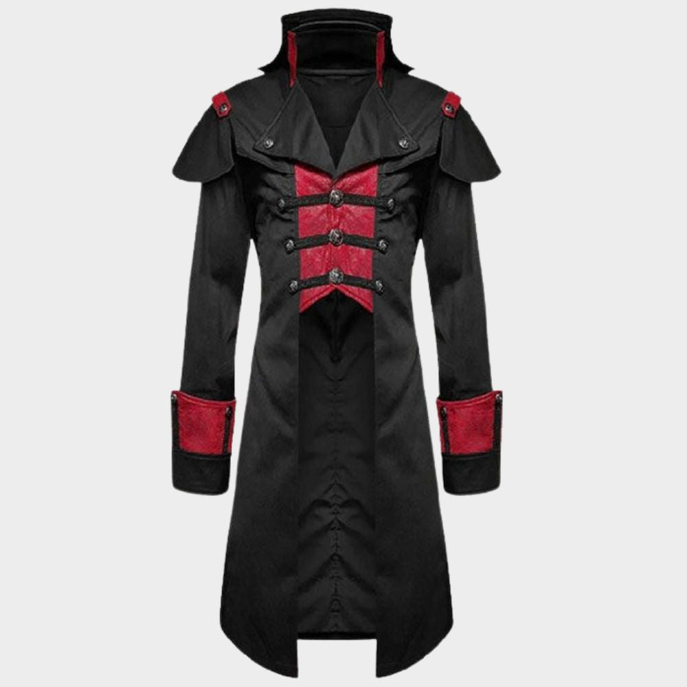 Red & Black steampunk coat with white background.