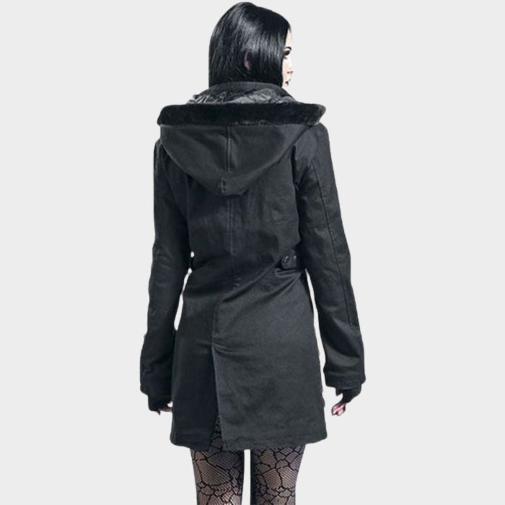 women wearing black womens long gothic coat at gothic clothings.