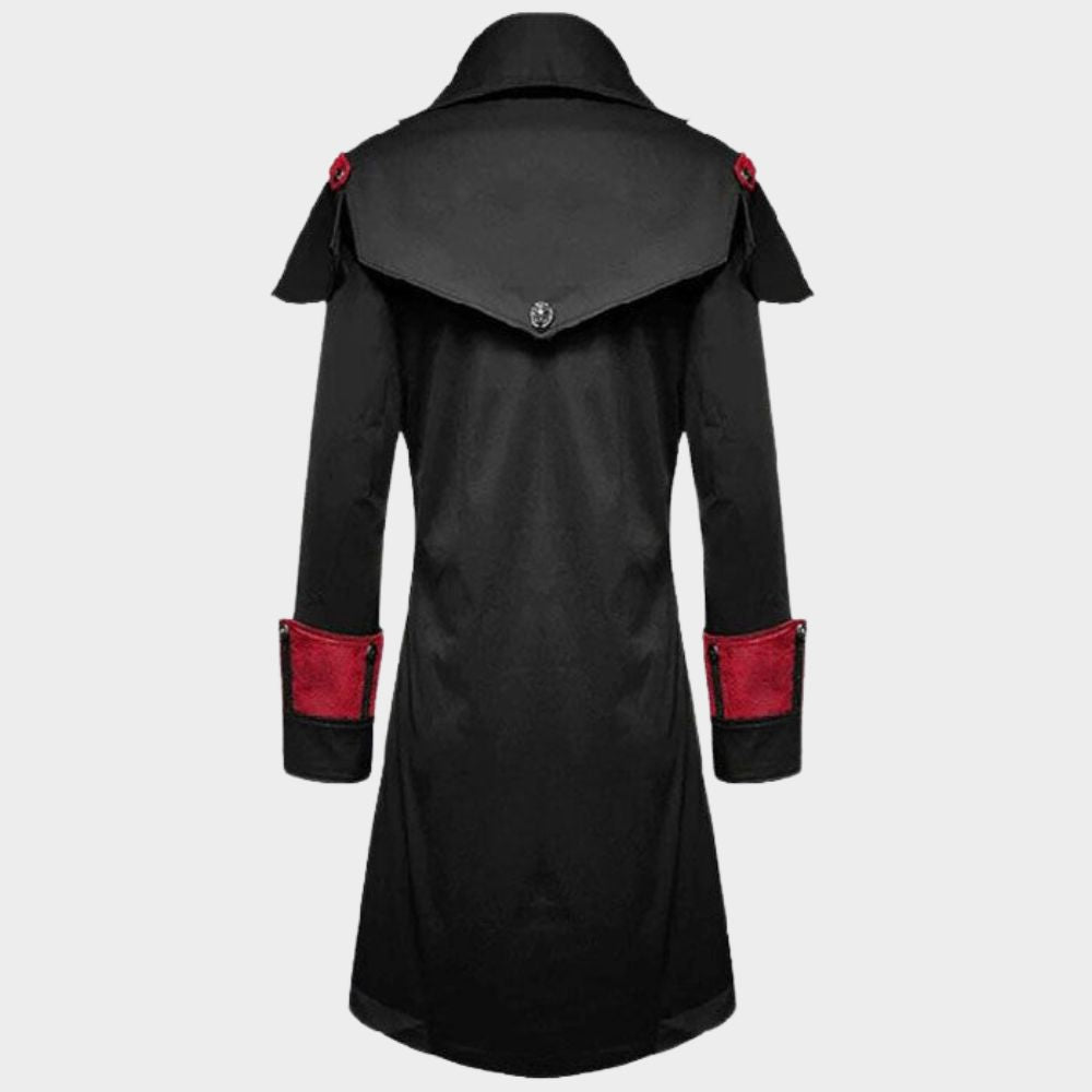 devil gothic trench coat Red & Black steampunk coat with white background.