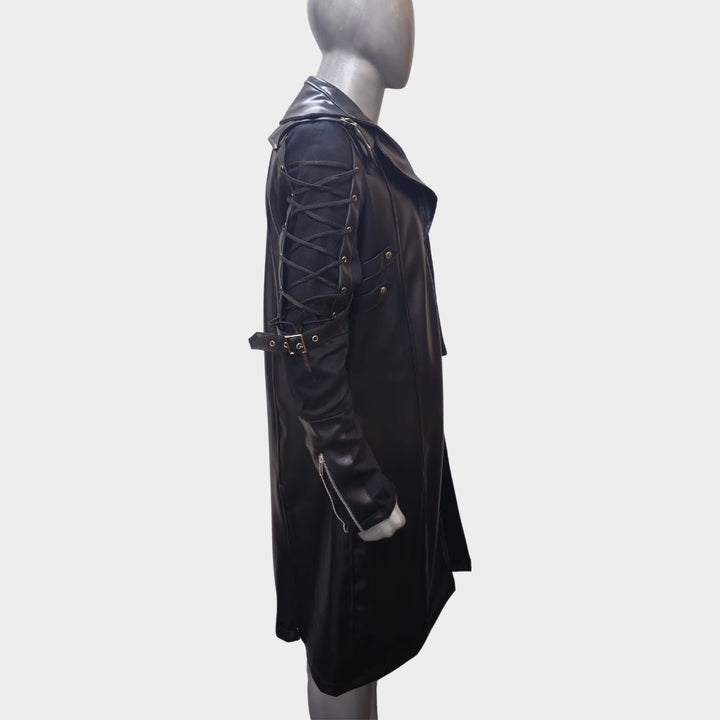 dummy wearing long goth steampunk coat mens at gothic clothings.