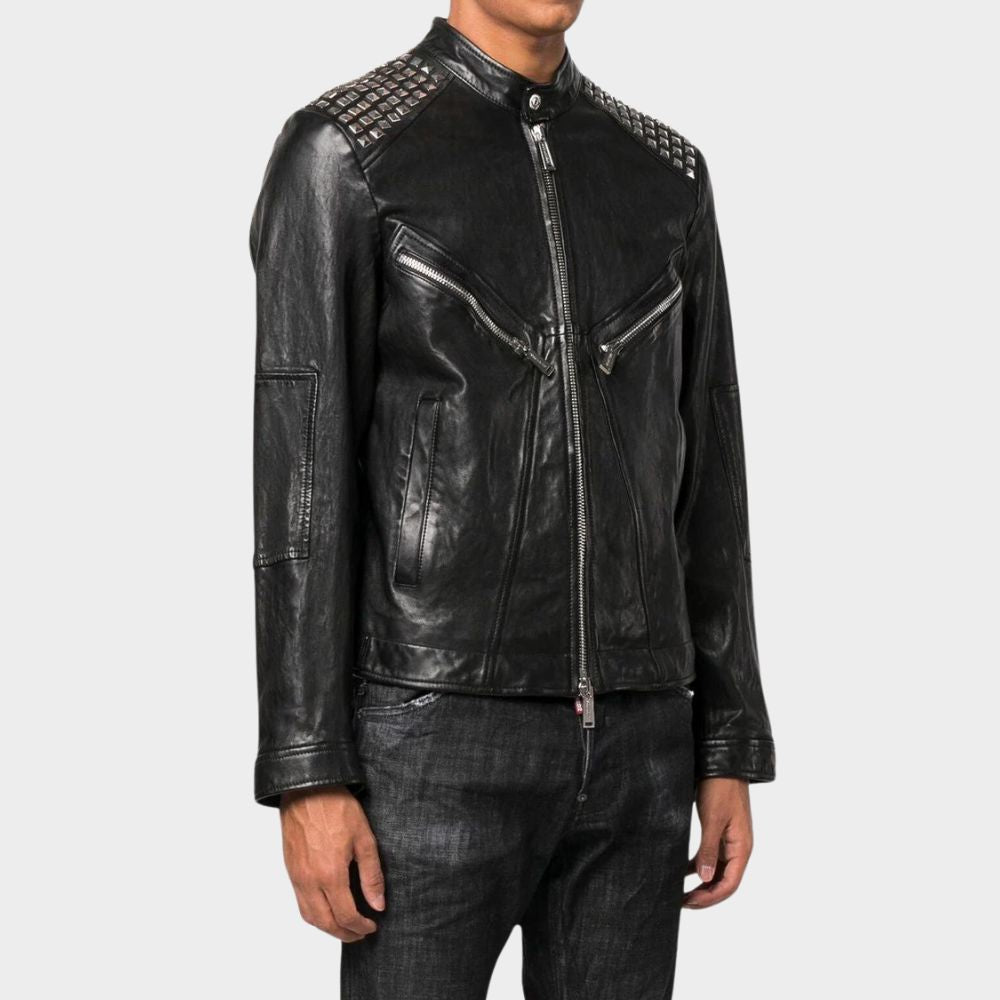men wearing goth studded leather jacket at gothic clothings.