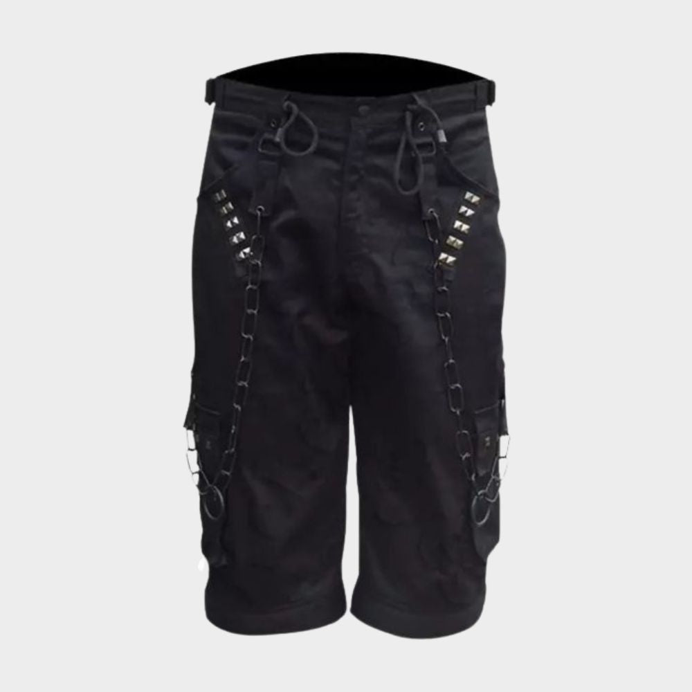gothic black shorts with grey background.