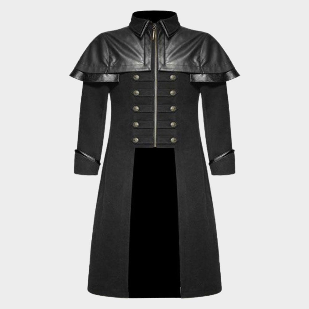 Gothic Black Trench Coat Mens with white background.