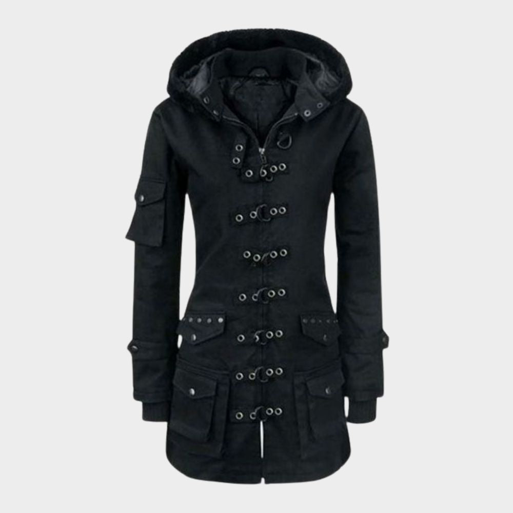 women wearing gothic womens hooded coat at gothic clothings.
