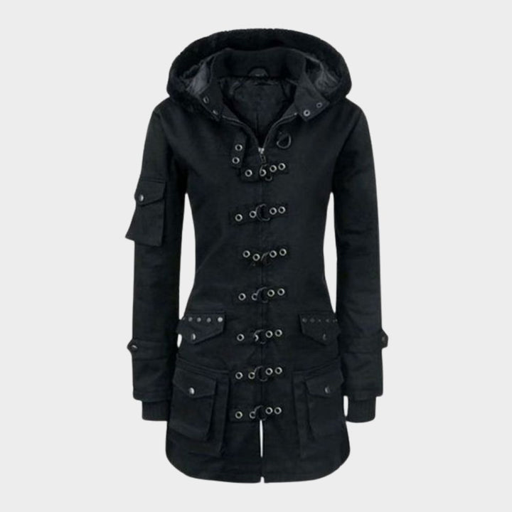 women wearing gothic womens hooded coat at gothic clothings.