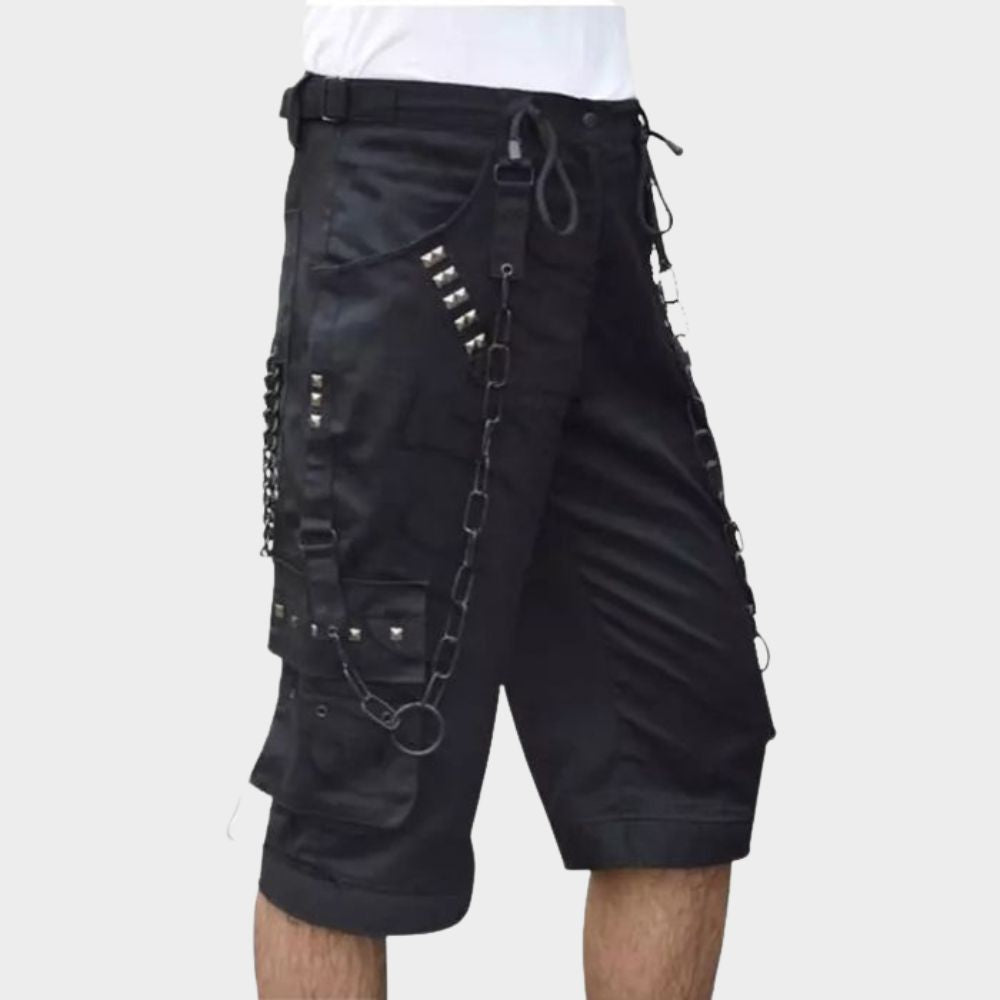 mens bondage shorts with grey background.