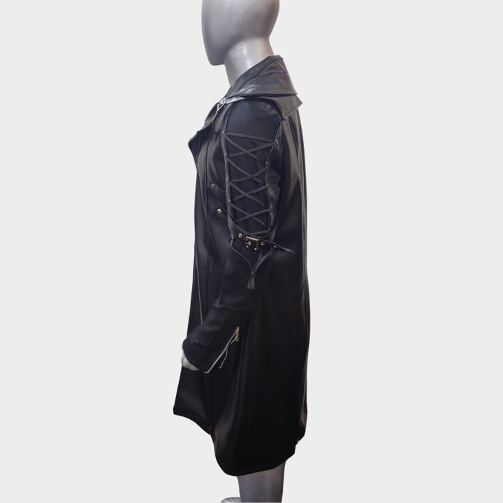 dummy wearing long mens goth steampunk coat at gothic clothings.