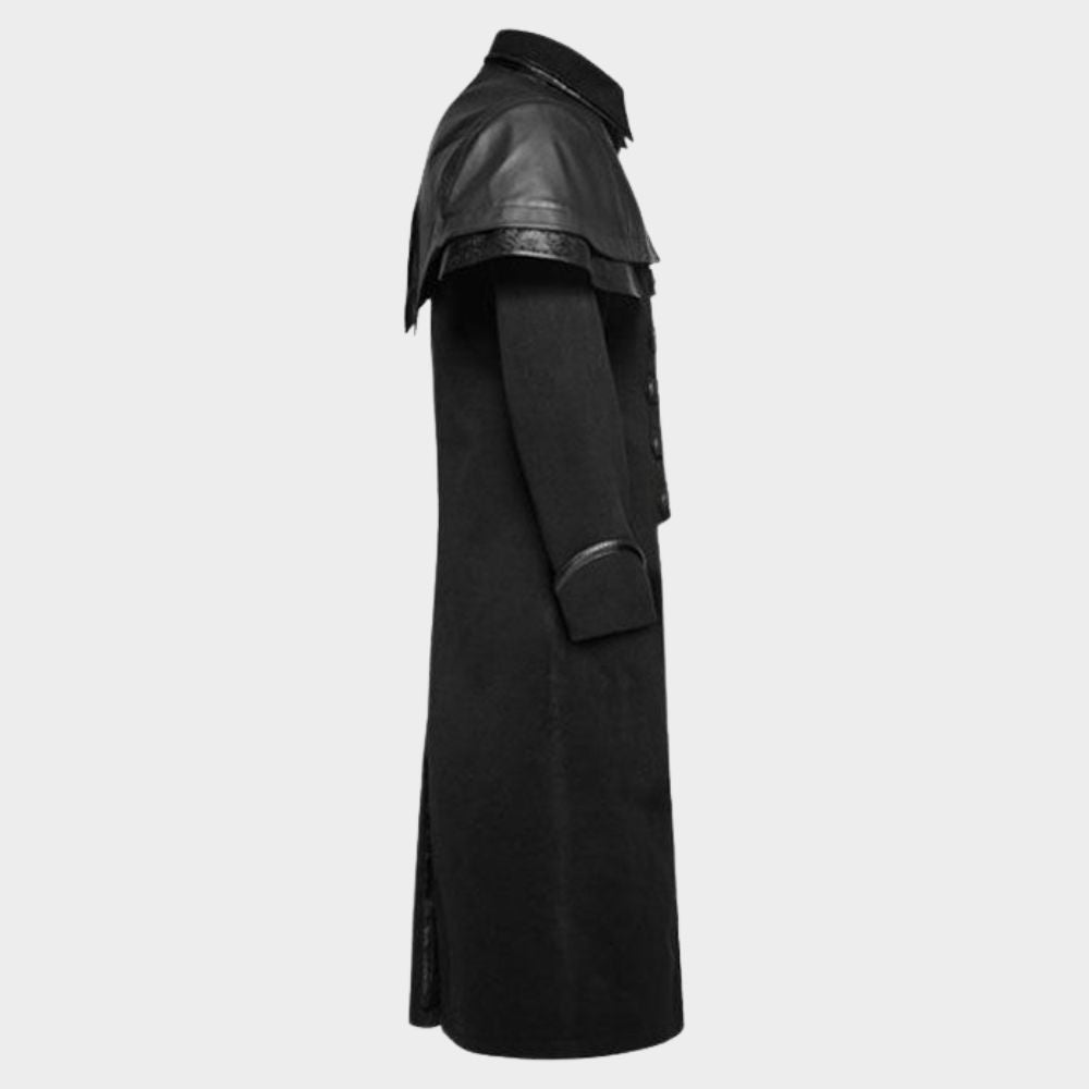 mens gothic black trench coat with white background.