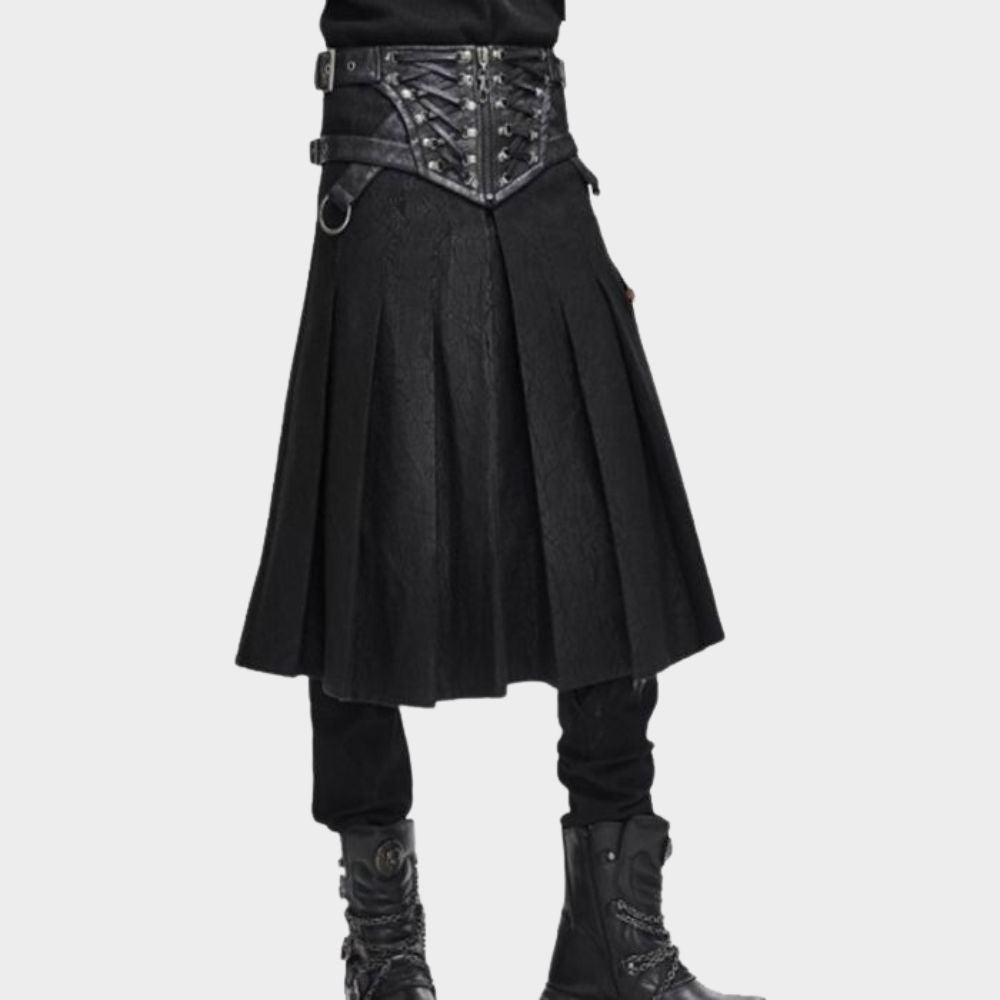 Men wearing gothic kilt on gothic clothings.