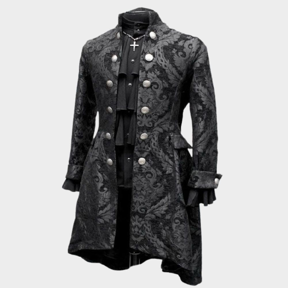 Mens Gothic Trench Coat with white background.