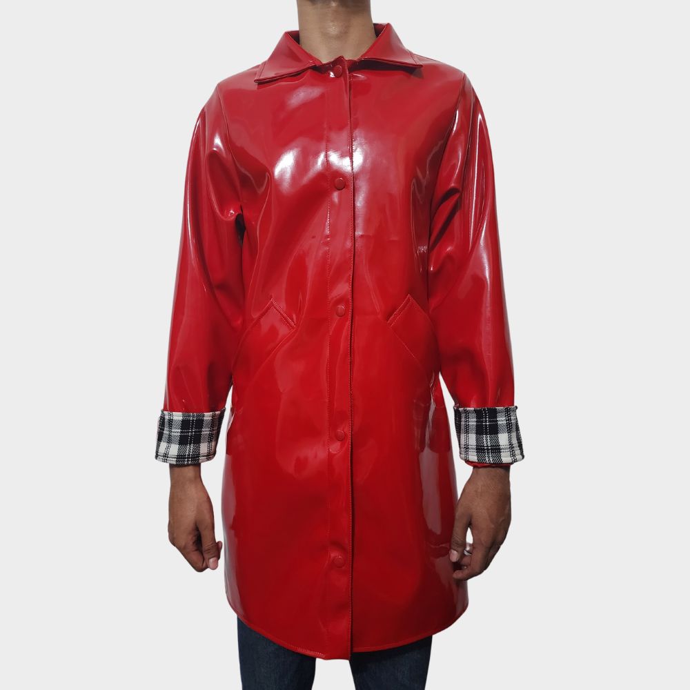 mens wearing mens red vinyl jacket at gothic clothings.
