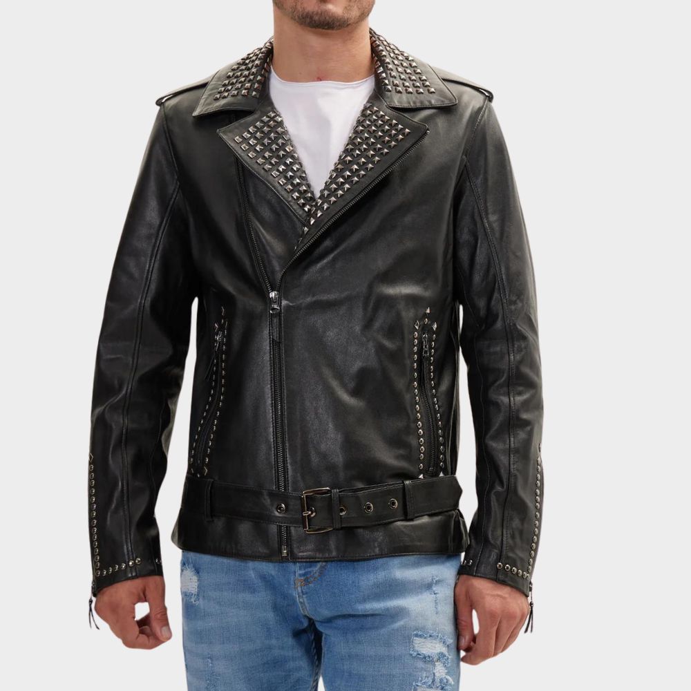 men wearing mens studded leather biker jacket at gothic clothings.