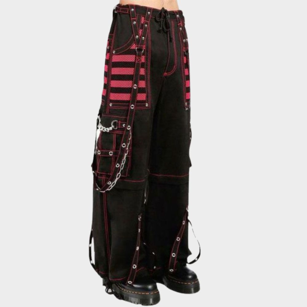 men wearing red and black tripp pants at gothic clothings.