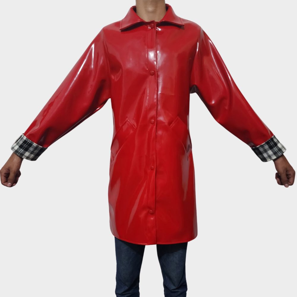 mens wearing red mens vinyl jacket at gothic clothings.