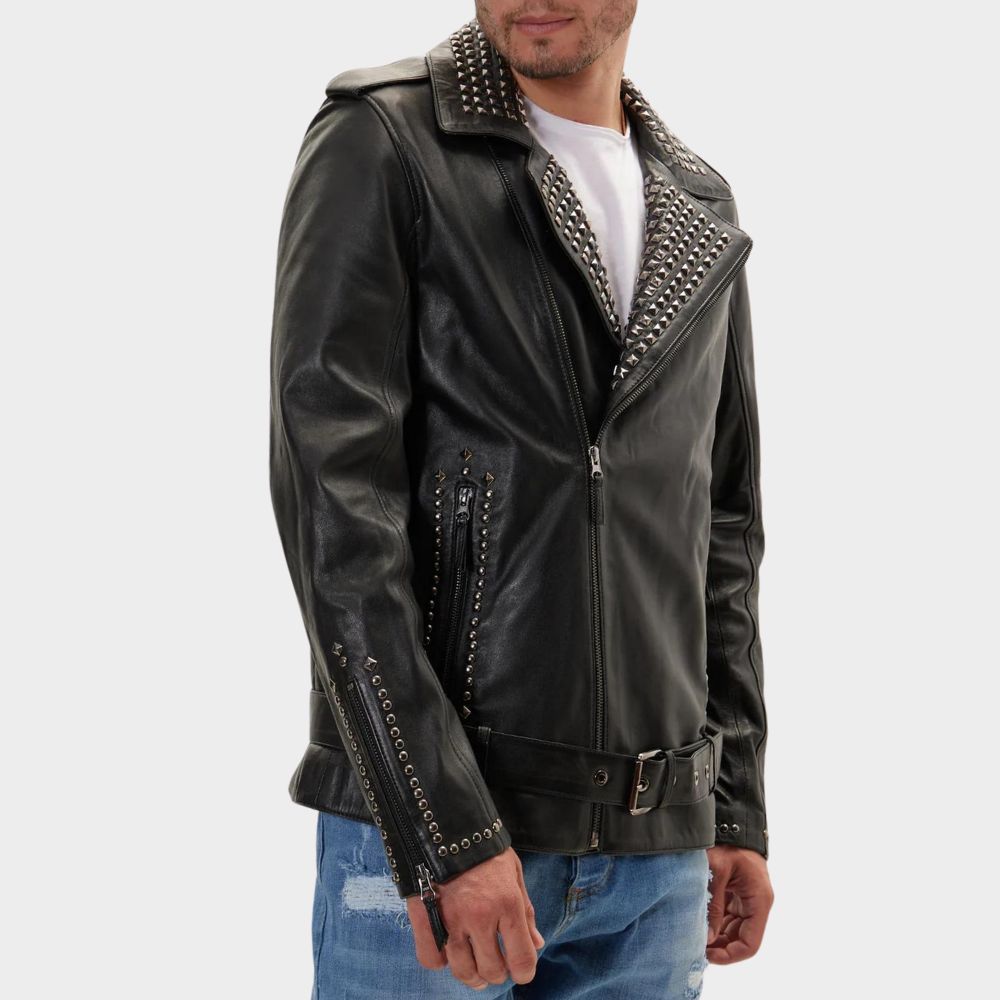 men wearing studded mens leather biker jacket at gothic clothings.