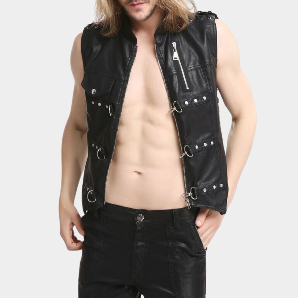 Black Faux Leather Gothic Vest for Men