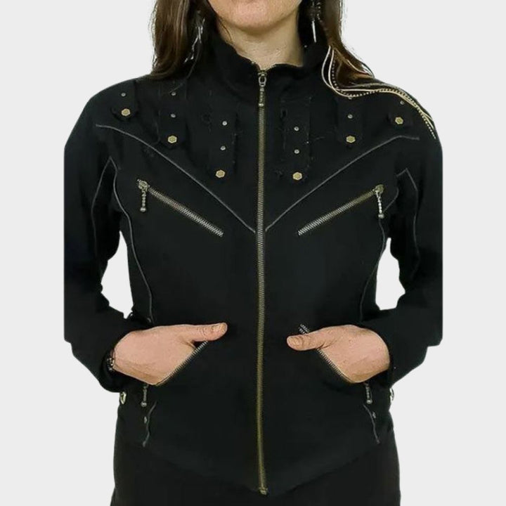 women wearing black studded jacket womens at gothic clothings.