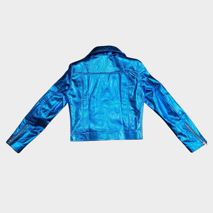 blue metallic leather jacket