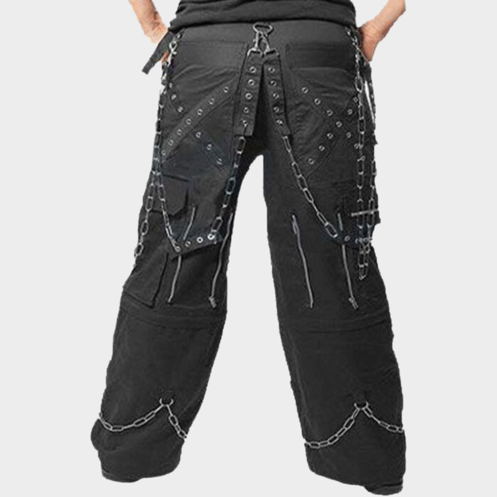 Model wearing black cotton bondage cargo pants (unisex) with a futuristic cyber goth design.