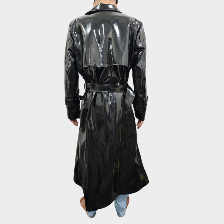 men wearing faux leather gothic long trench coatat gothic clothings.