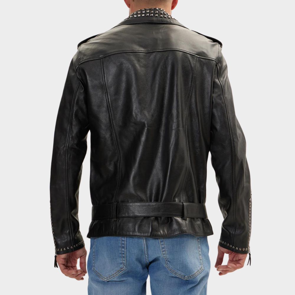 men wearing goth punk biker leather jacket at gothic clothings.