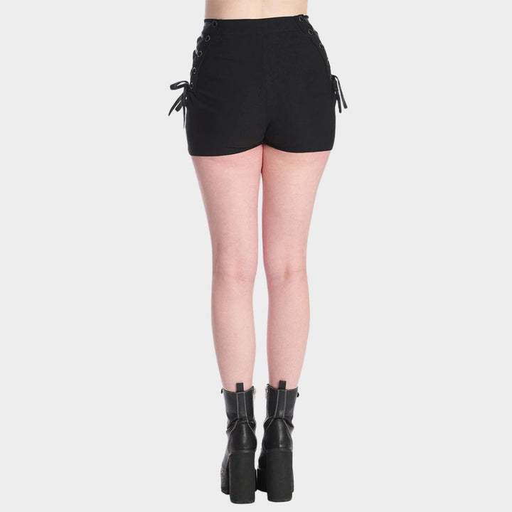 women wearing ladies black dress shorts at gothic clothings.