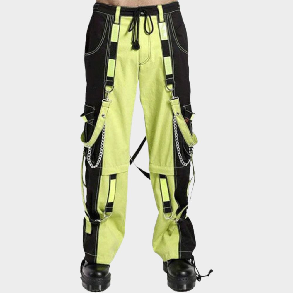 Men's gothic pants with a black and lime green reflective design.