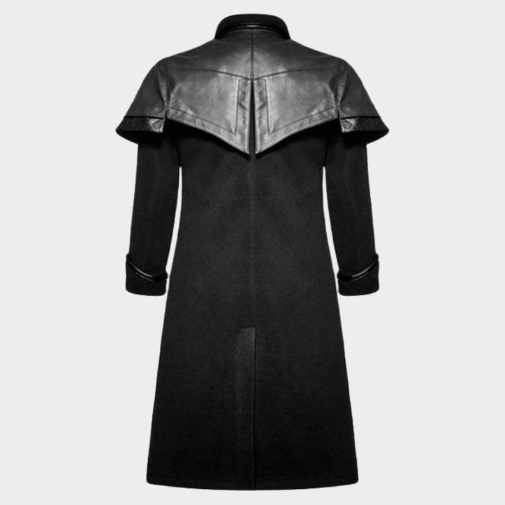 long black military coat with white background.