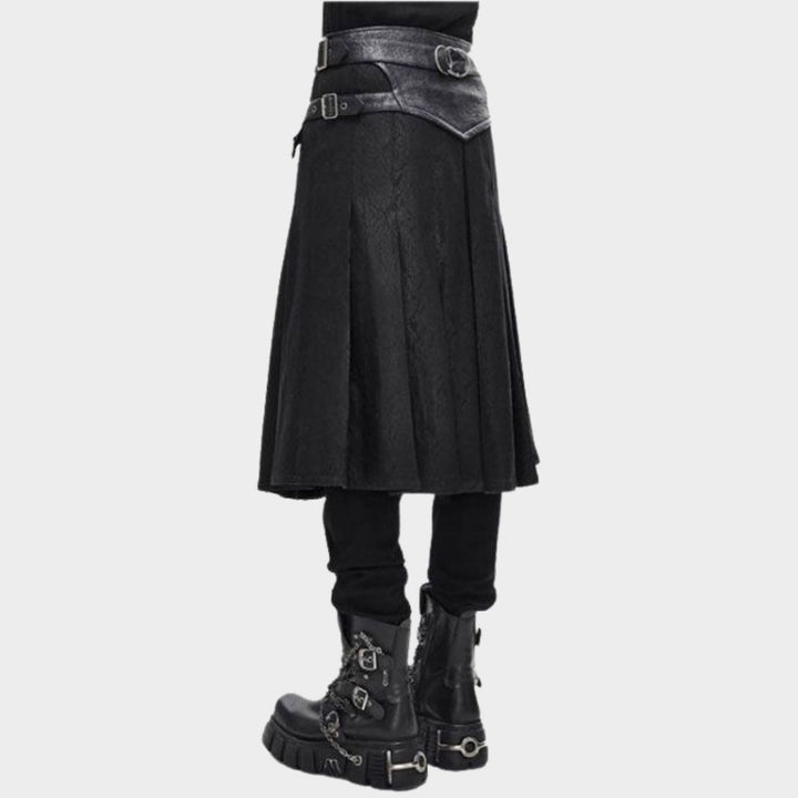 Men wearing long gothic kilt on gothic clothings.