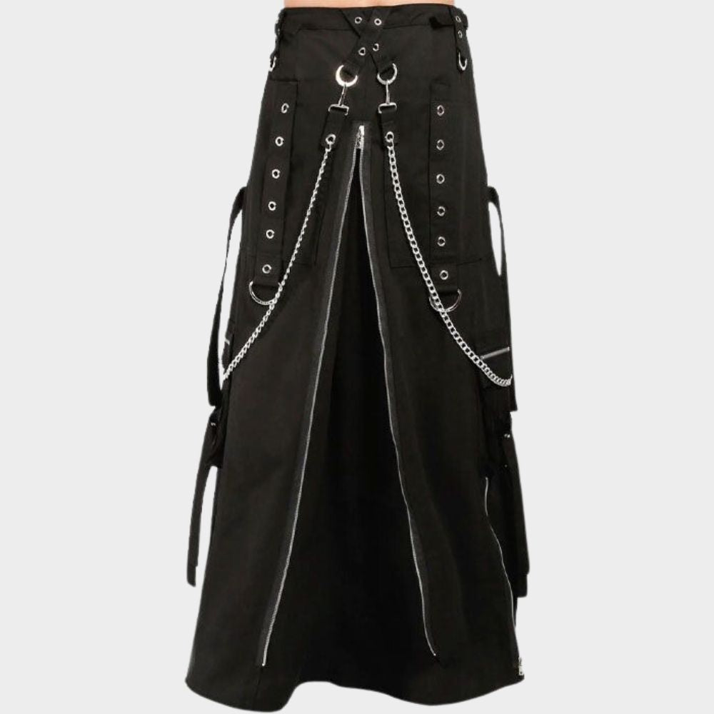 Long gothic Skirt With Zip with grey background.