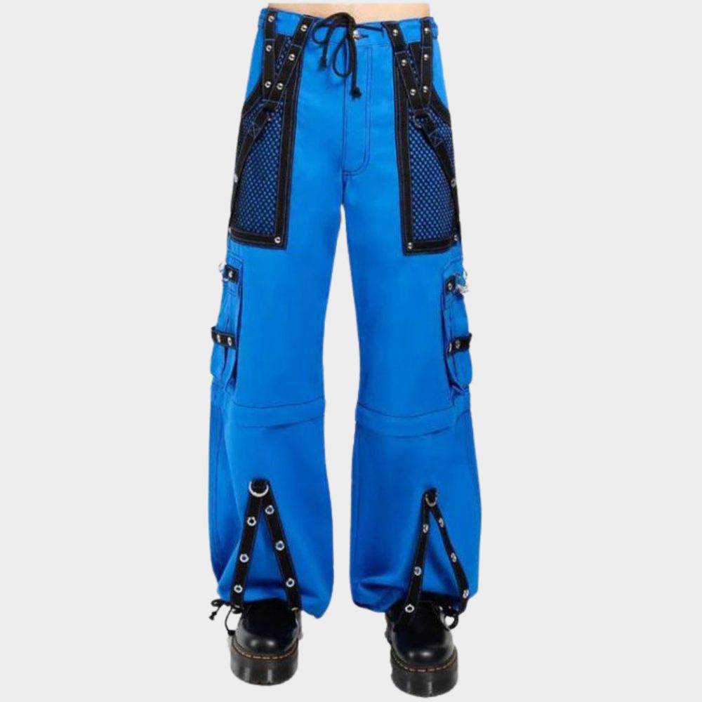 Close-up of blue unisex cargo pants showcasing multiple pockets and subtle details like stitching or hardware for a touch of punk style.