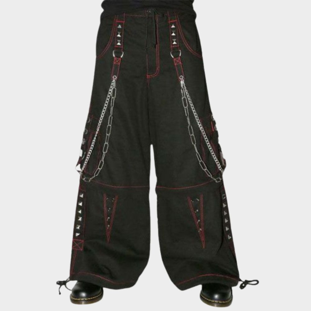  Close-up of black cyber bondage pants for men (dragon trouser), featuring subtle bondage details like straps or buckles against the dark cotton fabric.