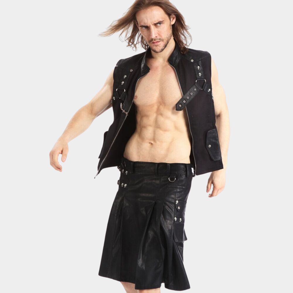 Men's Gothic Black Sheepskin Leather Kilt