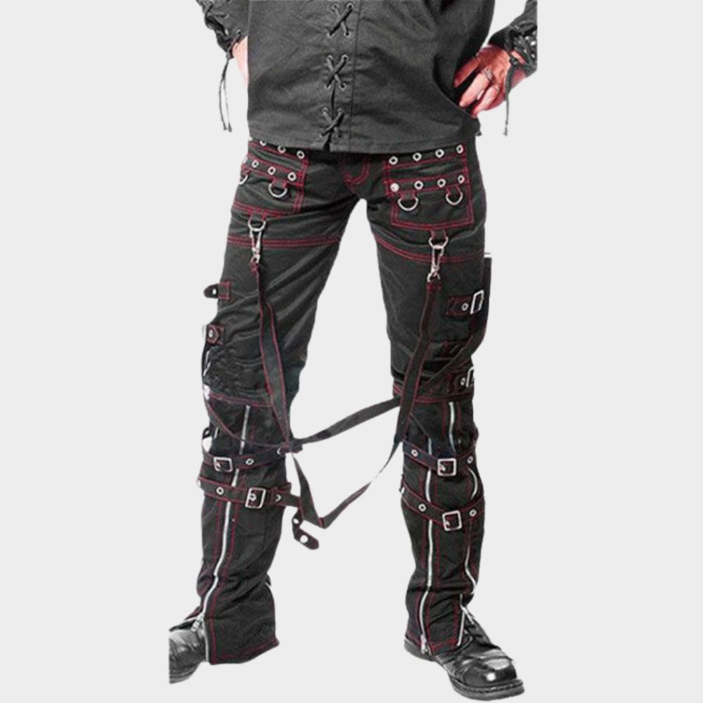 Model rocking a rebellious look in unisex punk rock bondage strap pants. The split-leg design, buckled knees, and detachable straps create a bold statement, while the adjustable legs and zip fly closure ensure comfort and fit.