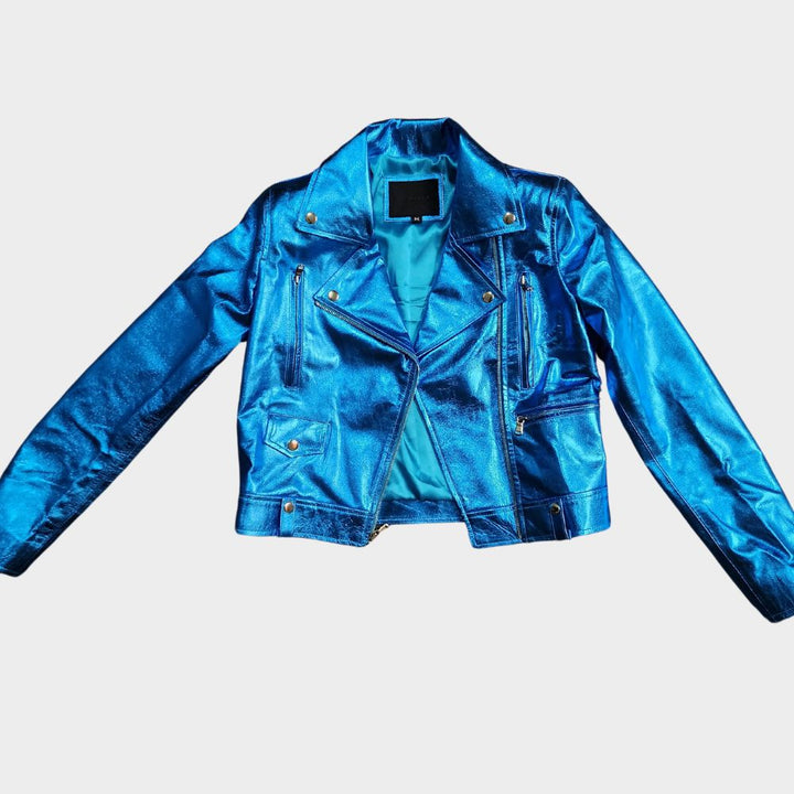 metallic blue leather jacket