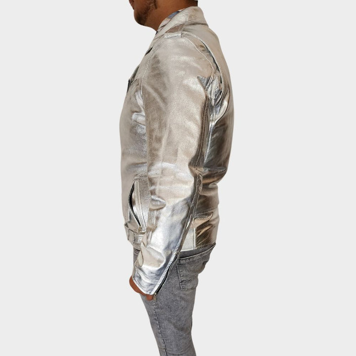 men wearing metallic silver leather jacket at gothic clothings.