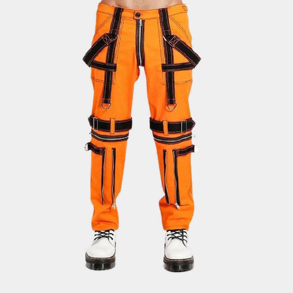 Detailed close-up of men's orange split cargo pants showcasing the parachute style with a textured canvas waistband, a roomy cargo pocket with flap closure, and an exposed zipper fly.