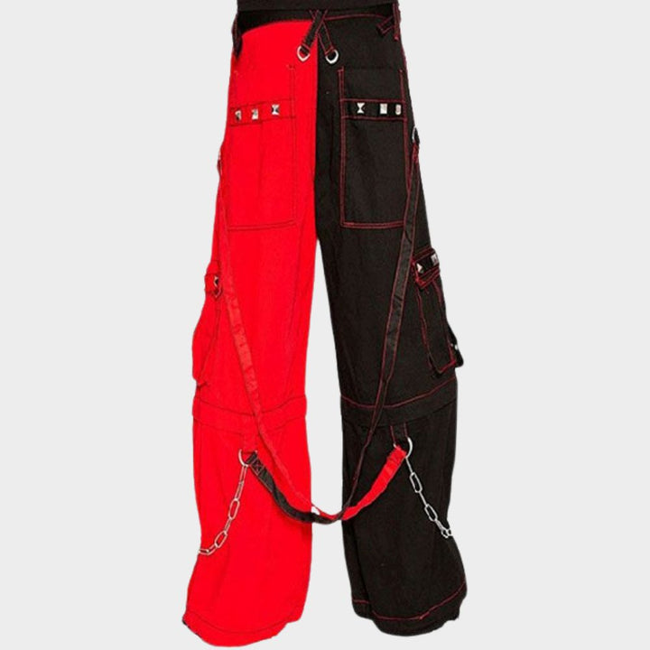 Black and red cargo pants converted into stylish shorts with functional pockets.