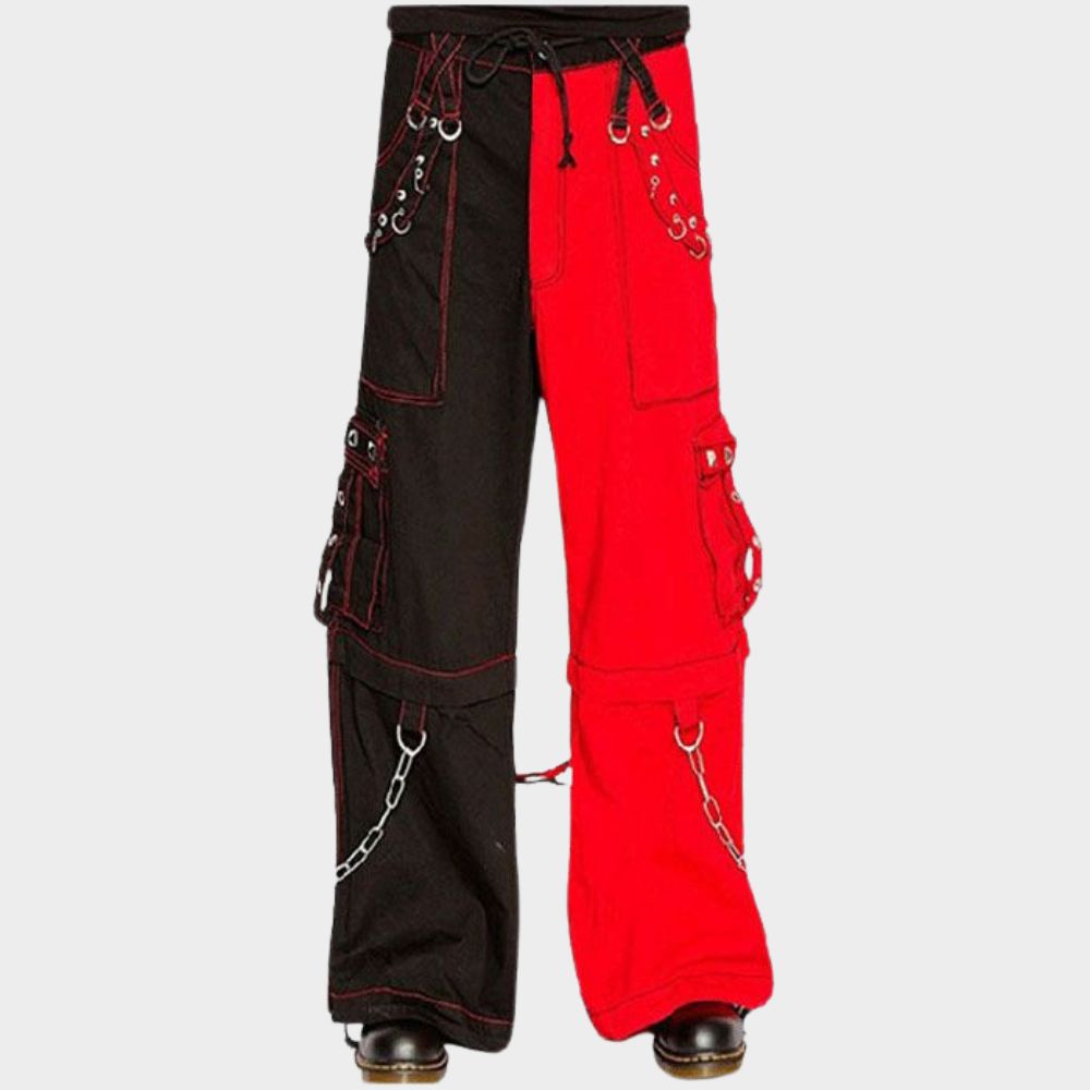 Black and red punk cargo pants with multiple pockets for a stylish and functional look.