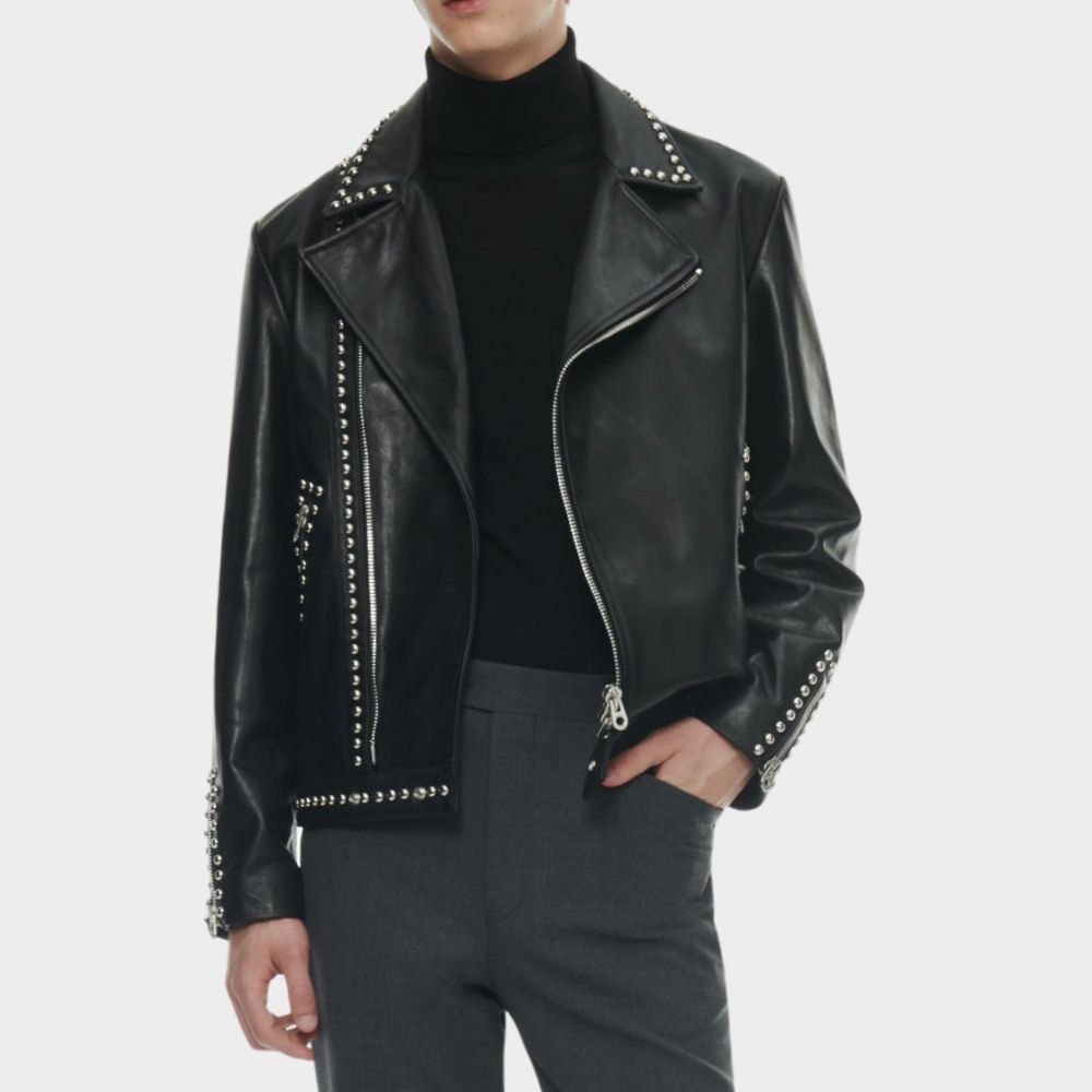 men wearing studded black leather jacket.