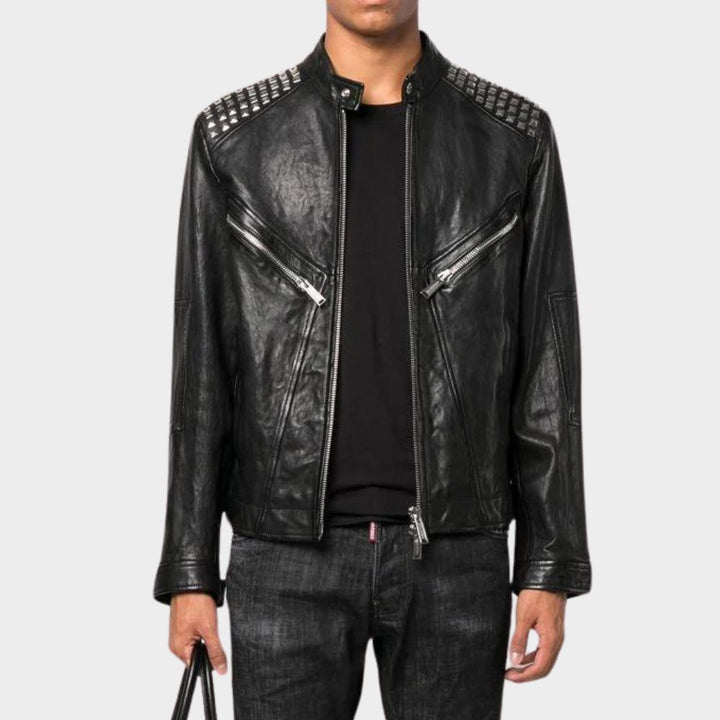 men wearing studded leather jacket goth at gothic clothings.