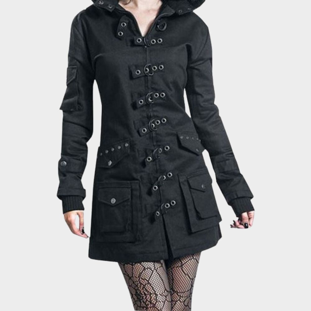 women wearing womens hooded gothic coat at gothic clothings.