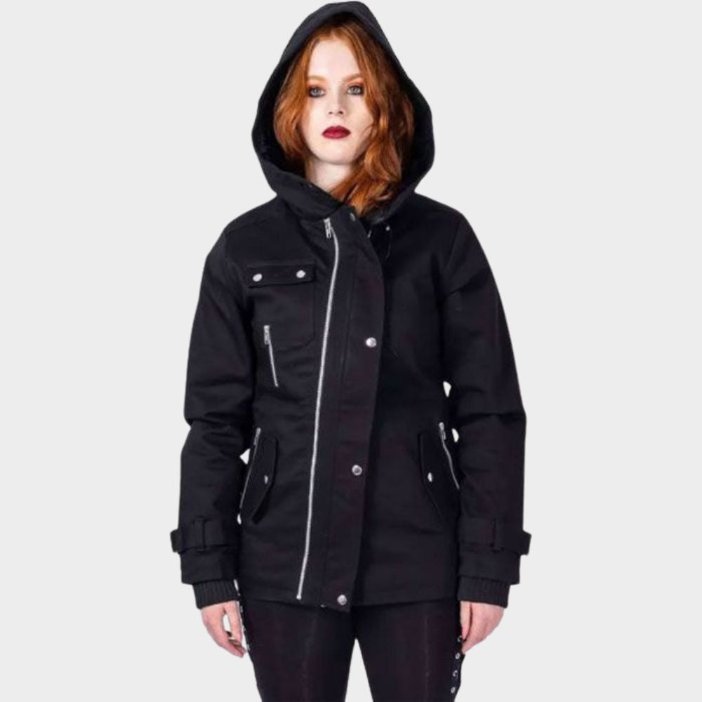 women wearing womens hooded gothic jacket at gothic clothings.