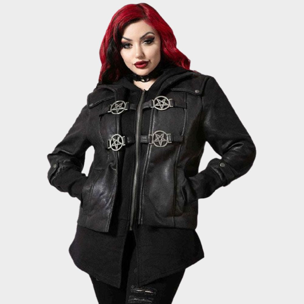 women wearing womens metal buckle gothic jacket at gothic clothings.